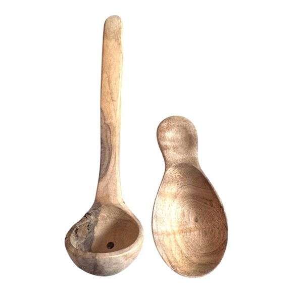 Handcrafted Polder Wooden Ladle & Scoop Set Slotted Hand Carved Kitchen Utensils - Picture 1 of 10